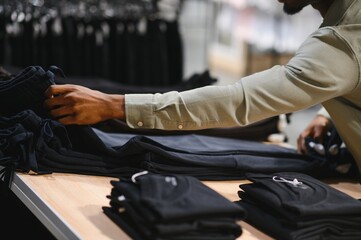 Customer choosing black clothes in clothing store