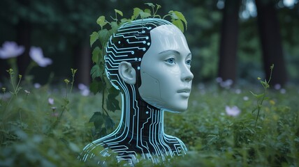 Ai robot with nature elements concept of future technology and artificial intelligence era