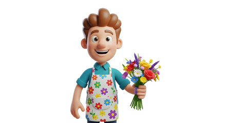 Cartoon man in a colorful floral apron holding a bouquet of flowers. 3D cute mascot character on transparent background, florist concept, for greeting card.
