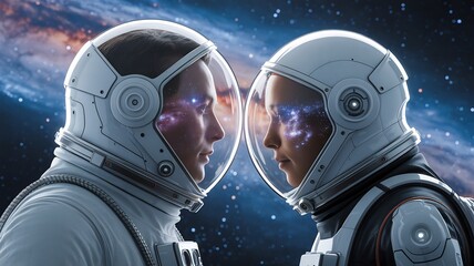 Two astronauts in space suits looking at each other with galaxy reflection in helmets image