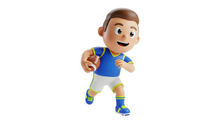 Cartoon boy running with a football. Happy child player holding an american football ball on transparent background. Sport game illustration.