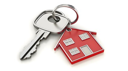 A shiny silver key and a red house-shaped keychain resting on a white surface.