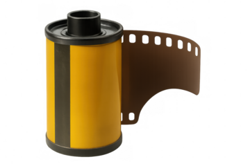 Yellow photographic film canister partially exposing the brown filmstrip on a transparent background