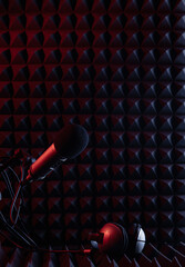 Сkose-up view of microphones positioned against a textured dark soundproof wall in a recording...