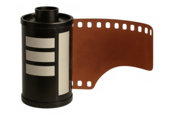 Vintage photographic film canister partially unrolling, revealing textured celluloid surface against clean white backdrop