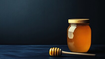 Honey jar on dark table, still life, studio shot.  Possible use Food photography