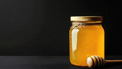 Honey jar on black surface, still life