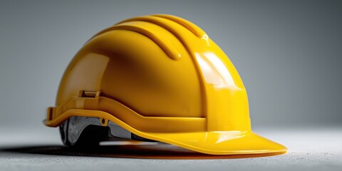 Fototapeta premium Bright Yellow Hard Hat Centered on Light Gray Surface, Soft Shadows, Clean Modern Industrial Look