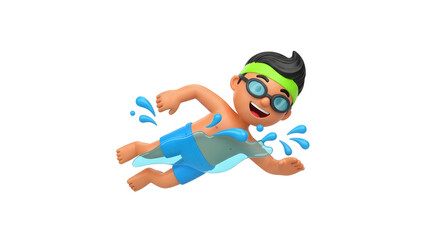 A cartoon kid swimming with goggles and a headband, happy and refreshing in cool water on transparent background.