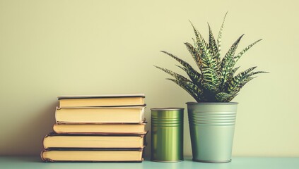 Stacked books, succulent, teal pot, light green wall.  Home office decor