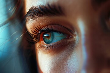 Close up of beautiful female eye with long eyelashes and creative makeup looking away