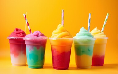 Vibrant fruity slushie drinks in colorful layers, displayed in clear cups against a bright orange background, perfect for summer refreshment. High quality