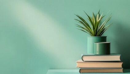 Teal books, plant, sunlit wall, home office