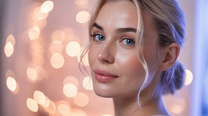 Portrait of beautiful blonde woman with glowing skin and soft makeup in front of bokeh lights