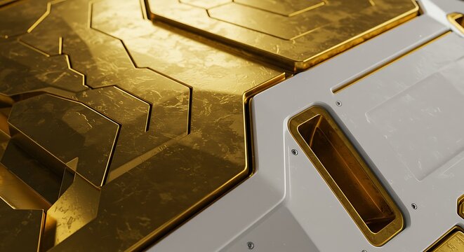 Abstract golden shield with hexagonal pattern design. The intricate detailing and color palette evokes a sense of luxury and protection