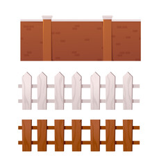 Cartoon style wooden and brick fences. Vector illustration
