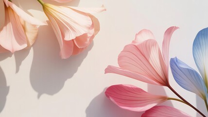 Pastel floral background with pink and blue flowers for spring design and wedding invitation use