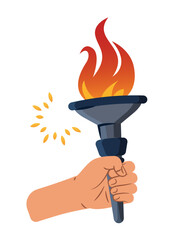 Illustration in flat design showing a hand holding a lit torch, symbolizing power, liberty, activism, and freedom.