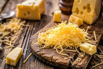 Grated cheese is displayed on a rustic wooden cutting board, surrounded by cheese pieces, creating an inviting culinary scene