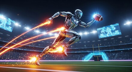 Robot football player running with ball in futuristic stadium ai sports concept design image