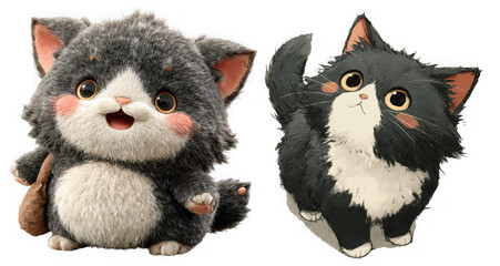 Fototapeta premium Two cute and fluffy cartoon kittens with big expressive eyes isolated on transparent background