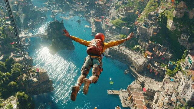 Wingsuit flight over a vibrant coastal city