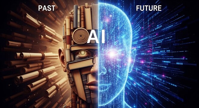 Ai evolution concept showing past knowledge and future technology artificial intelligence