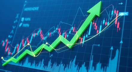 Stock market graph chart analysis with green arrow showing growth and financial success trend