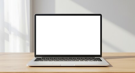 Fototapeta premium A modern laptop with a blank screen, set on a wooden desk. The screen is ready for your content.