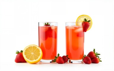 Glasses with refreshing strawberry lemonade and strawberries on white background, summer fruit drinks concept. High quality