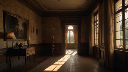 Elegant Vintage Interior with Sunlight Through Tall Windows – Classic Wooden Hallway with Historic Charm