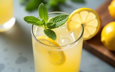 A refreshing drink served with lemon and mint garnish in glass. High quality