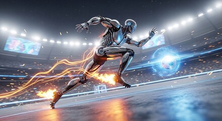 Robot soccer player running fast in stadium ai football concept futuristic technology