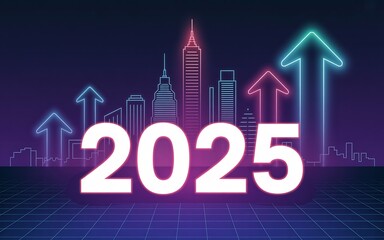 Future trends and growth projections for 2025 business and technology with neon city skyline