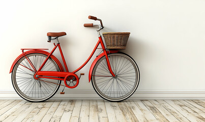 Red bicycle with basket propped against textured wall on light wood floor
