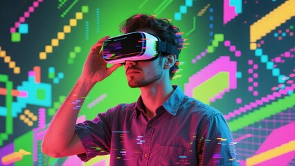 Man is Using Virtual Reality Headset. Image with Glitch Effect, Futuristic Technology, Cyber Metaverse, Digital Simulation, Immersive VR Experience, Innovation in Gaming and Entertainment
