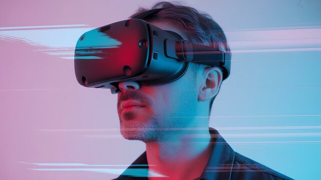 Man is Using Virtual Reality Headset. Image with Glitch Effect, Modern Digital Experience, Tech Simulation, Metaverse Interaction, Futuristic Display, Cyber Vision, Immersive Wearable Device