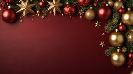 Elegant Red and Gold Christmas Background with Ornaments and Fir Branches – Festive Holiday Frame Design