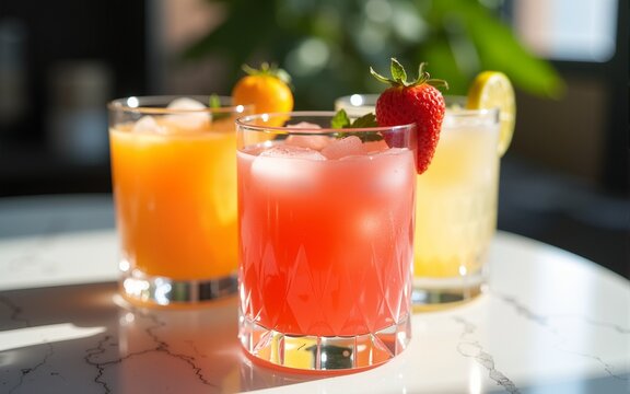 Close-up of refreshing drinks on a stylish marble surface, mocktail, luxury. High quality