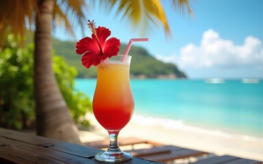 Tropical Paradise: Red Hibiscus Flower and Pineapple Cocktail on Beach Bar, Island Getaway Vibe. High quality