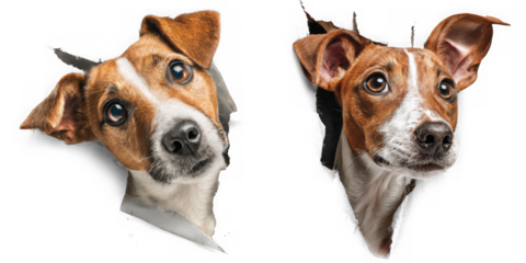 Two cute jack russell terrier puppies peeking through torn paper isolated on transparent background