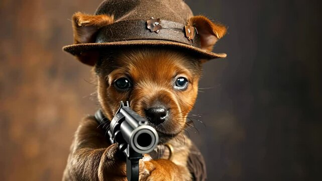 Puppy Godfather: A charming puppy, impeccably dressed in a stylish fedora, embodies the spirit of a classic, cinematic persona as it playfully aims a toy pistol directly at the camera. 