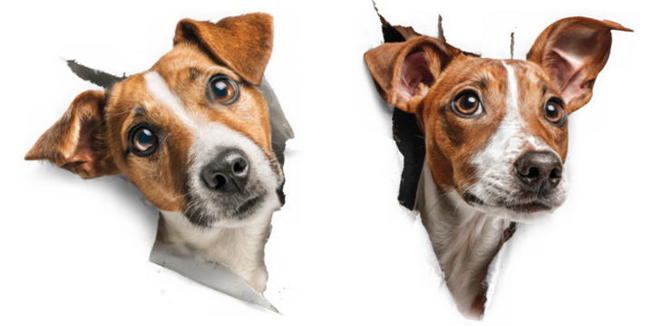 Two cute jack russell terrier puppies peeking through torn paper isolated on transparent background