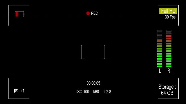 Realistic mirrorless DSLR camera screen recorder overlay displaying ISO, shutter, aperture, and focus. Alpha channel background for modern video edits.