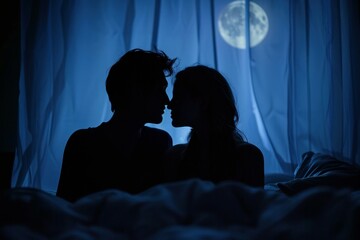 Romantic couple sharing a kiss in bed with the moon in the background