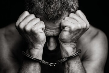 Man in handcuffs expressing despair with hands on head in dramatic black and white lighting