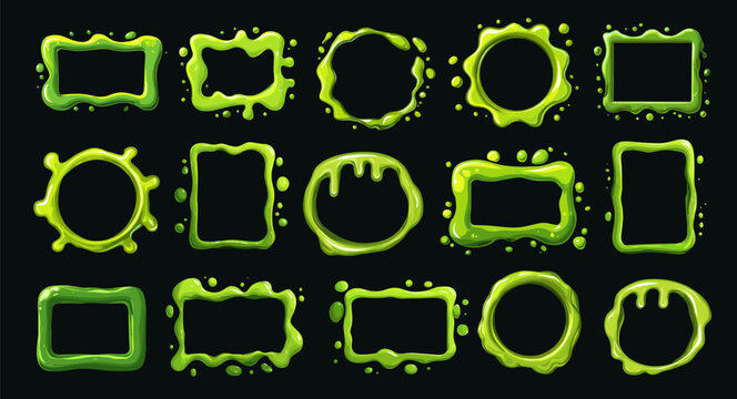 Cartoon green slime frames for halloween. Vector border shapes poison toxic decoration set