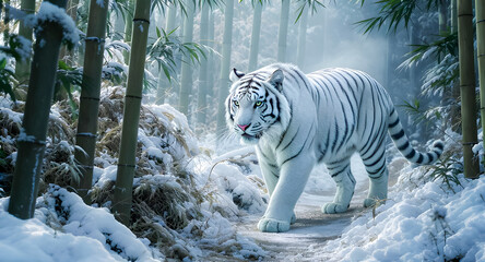 Majestic White Tiger walking through a snowy, misty bamboo forest at sunrise

