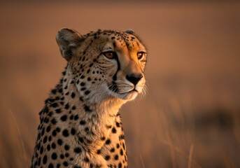 Naklejka premium A fast, spotted cheetah, a magnificent big cat and predator, surveys the wild, sun-drenched savannah of Tanzania's Serengeti National Park