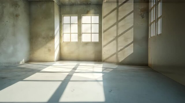 Sunlit Space: An image of a minimalist, empty room with the light streaming in through the window, creating stark shadows and illuminating the rough, unfinished surfaces.
